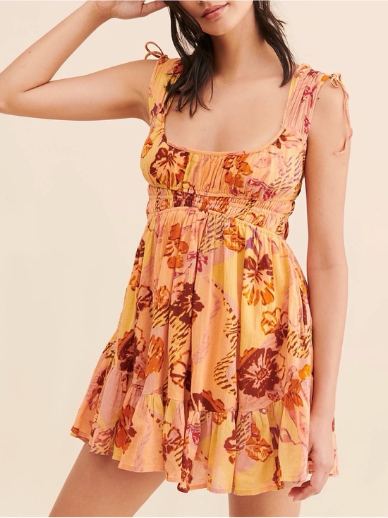 Free People Dresses & Skirts - BNWOT Free People Floral Print Smocked Bodice Mini Dress in Orange - L